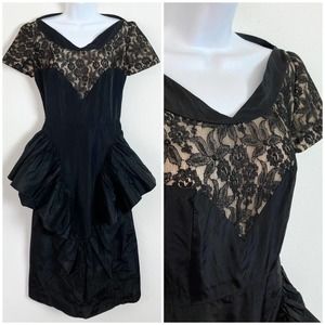 Vintage 50s Womens Black Wiggle Gothic VLV‎ Cocktail Lace Dress // Size XS